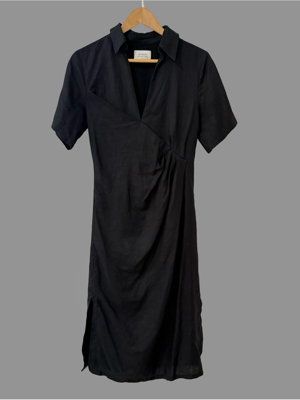 DISSH Black Linen V-Neck Collared Midi Fitted Dress US6